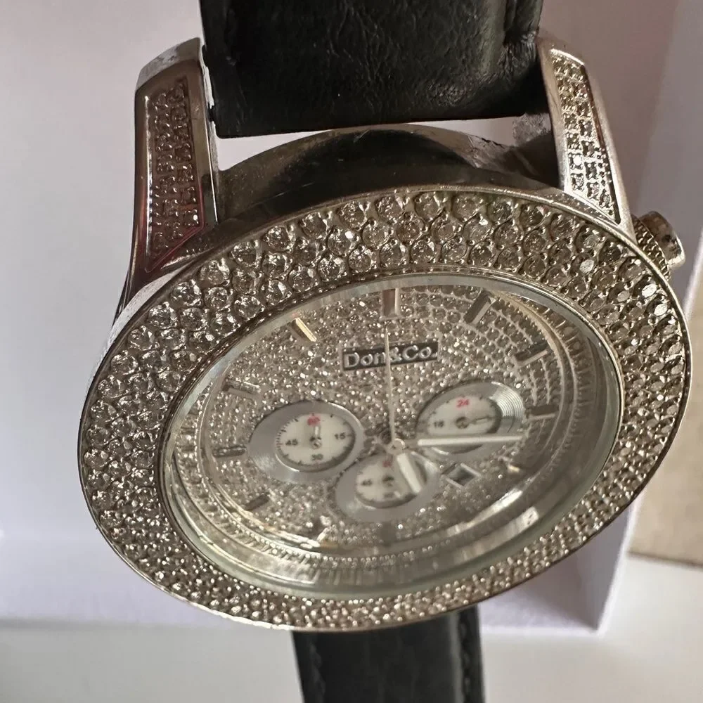 Don & Co. Oversized Diamond Chronograph Watch Black Leather Strap Men’s
